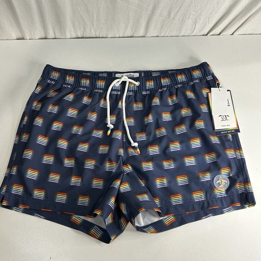 Penguin Lined Swim Trunk Shorts Blue Rainbows Men’s Size Large NWT